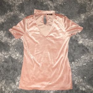 pink velvet v-neck shirt